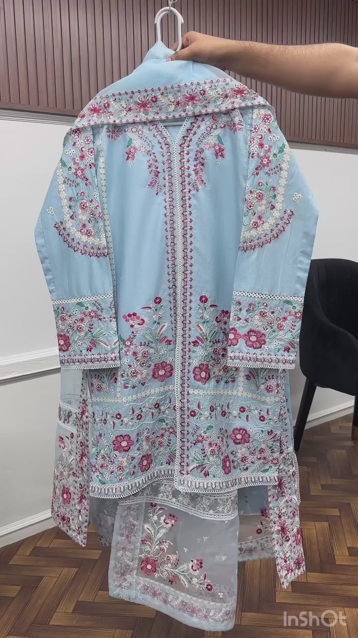 3pcs Blue Embroidery Suit